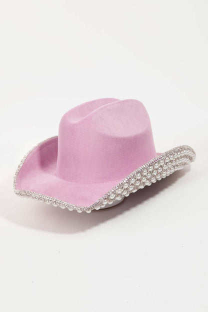 FAME Pave Rhinestone Pearl Trim Cowboy Hat at Bella Road