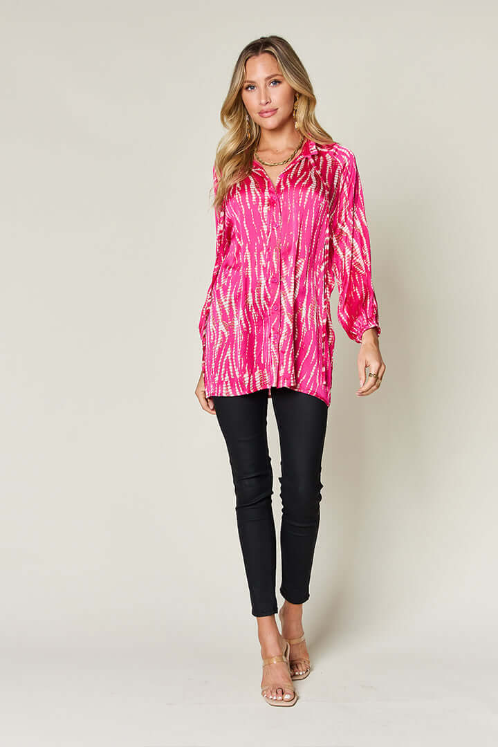 DOUBLE TAKE Full Size Printed Button Up Long Sleeve Shirt at Bella Road