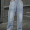 Half Elastic Waist Straight Leg Jeans - Light