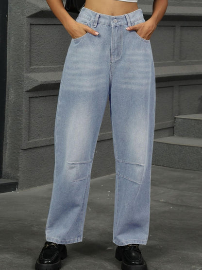 Woman wearing Half Elastic Waist Straight Leg Jeans with pockets, a comfortable and stylish denim option for women.