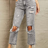 Acid Wash Distressed Straight Jeans - Heather Gray