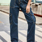 Baeful Long Straight Leg Jeans with Pockets - Solid Pattern, Casual Chic Style, Comfortable Fit