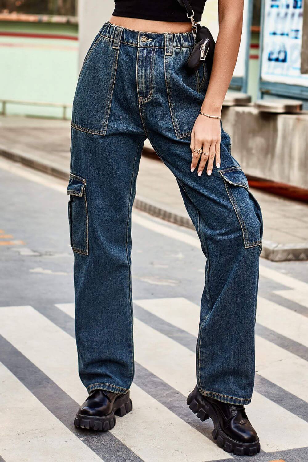 Baeful Long Straight Leg Jeans with Pockets - Solid Pattern, Casual Chic Style, Comfortable Fit