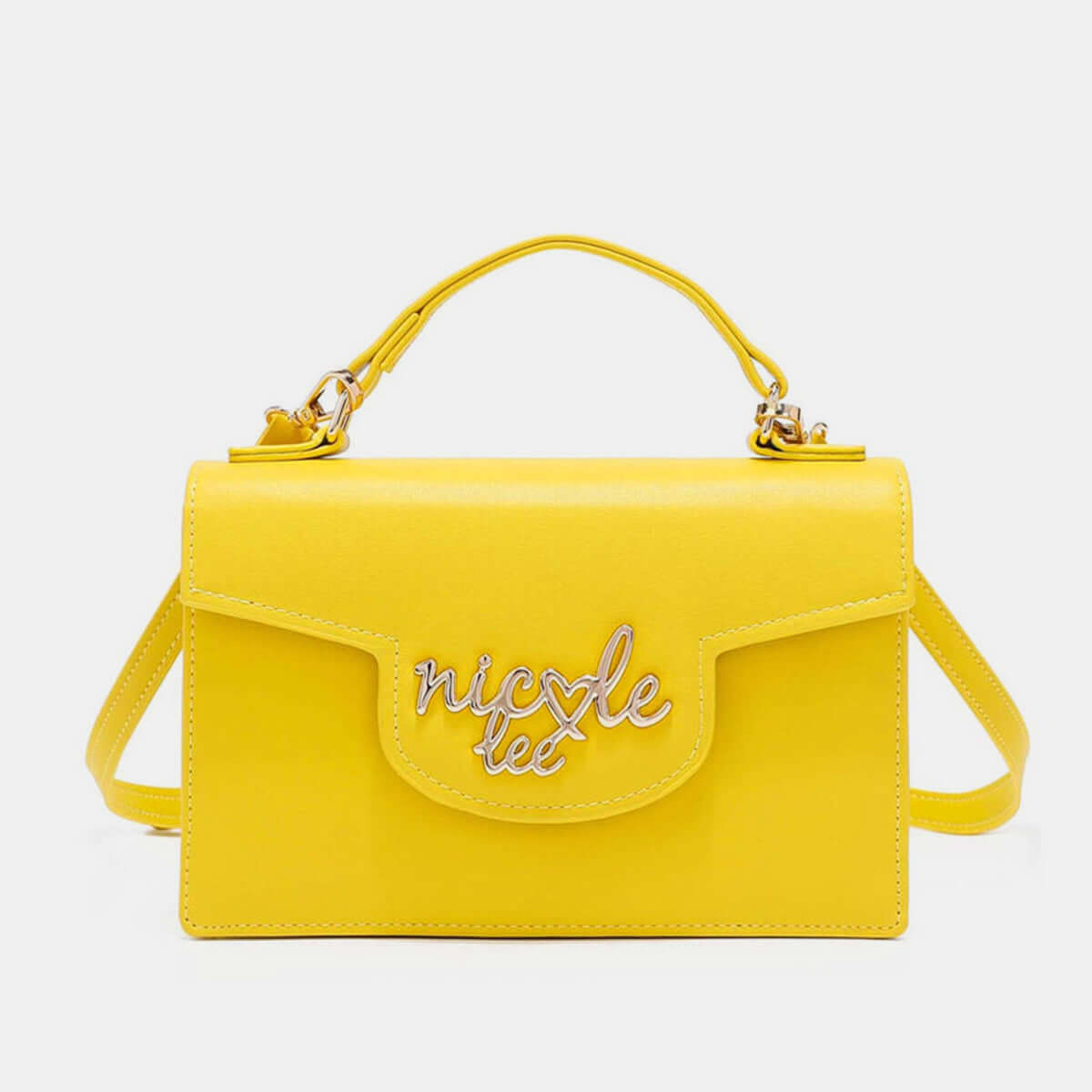 Nicole Lee USA small yellow crossbody wallet with detachable strap and multiple compartments, made from vegan leather.