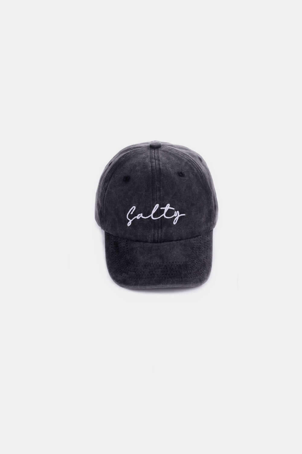 SALTY Embroidered Vintage Washed Baseball Cap in a classic black color with a worn-in look and playful embroidery.