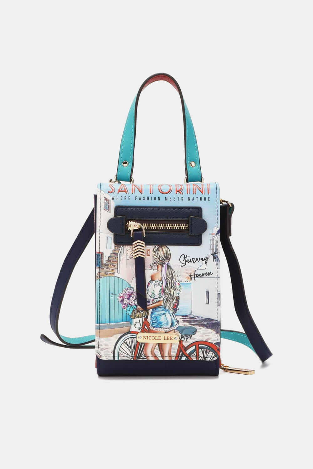 Nicole Lee USA Small Crossbody Wallet with Santorini design, adjustable strap, and multiple compartments for phones and cards.