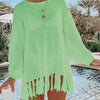 Openwork Tassel Hem Long Sleeve Knit Cover Up - Mint Green