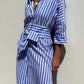 Bella Road Tied Button Up Three-Quarter Sleeve Dress in blue and white stripes. Casual yet chic outfit perfect for any occasion.