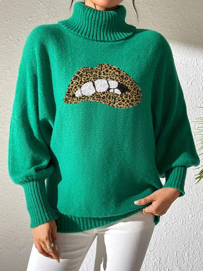 Woman wearing Bella Road Lip Turtleneck Long Sleeve Sweater in green with bold lip design, showcasing unique fashion style.