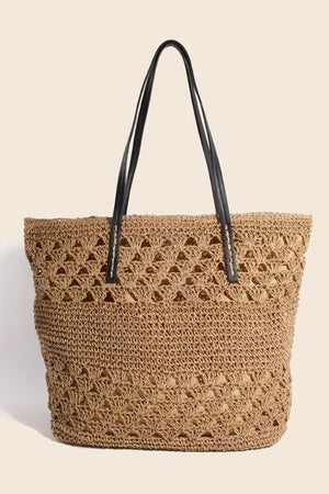 Fame Faux Leather Handle Knitted Tote Bag with intricate knitted design and sleek faux leather handles.