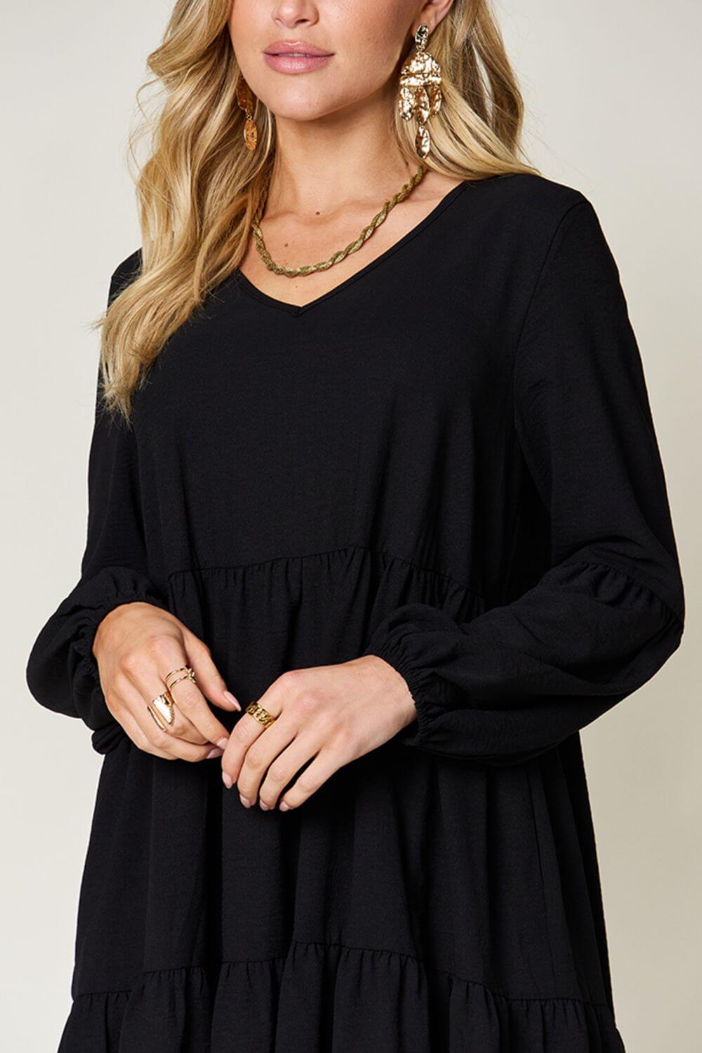 DOUBLE TAKE Full Size V-Neck Balloon Sleeve Tiered Dress at Bella Road