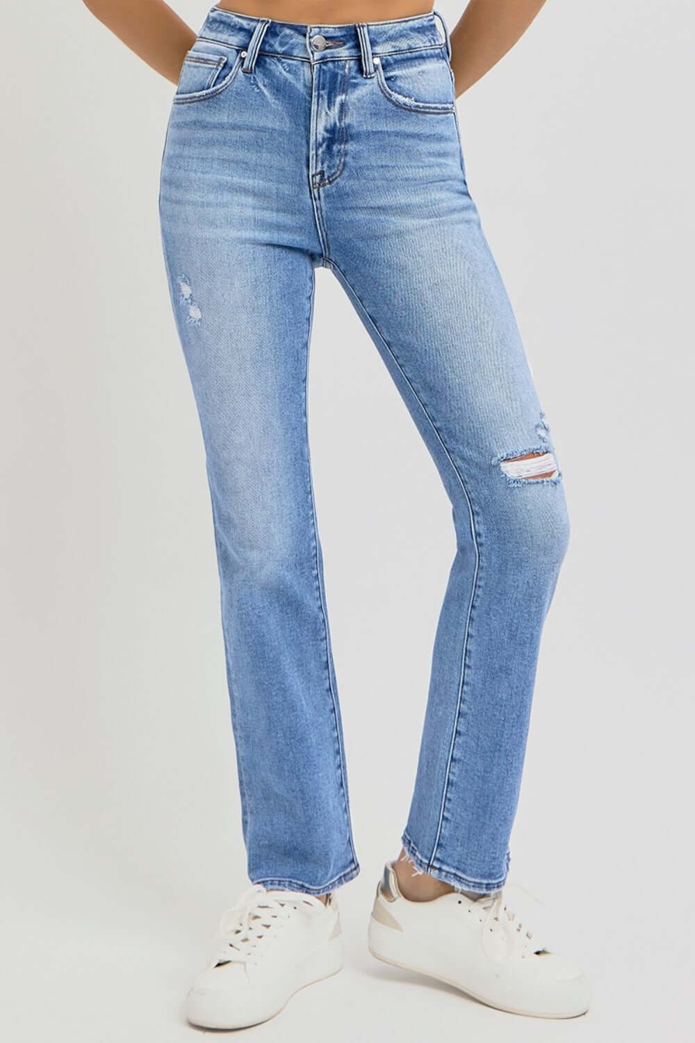 Full size distressed high-rise ankle straight jeans with a vintage vibe, featuring a flattering fit and casual style.