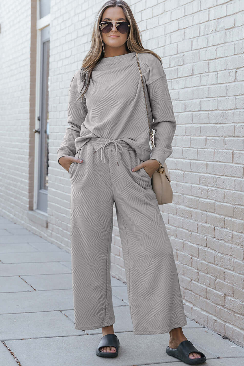 DOUBLE TAKE Full Size Textured Long Sleeve Top and Drawstring Pants Set at Bella Road