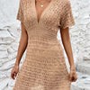 Openwork Plunge Short Sleeve Cover-Up Dress - Tan