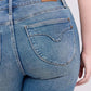 Back view of Judy Blue mid rise tummy control vintage wash jeans, showcasing flattering fit and retro charm.