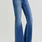 Risen full-size low rise flare jeans with pockets, flattering vintage-inspired silhouette, perfect with blouses or tees for a trendy look.