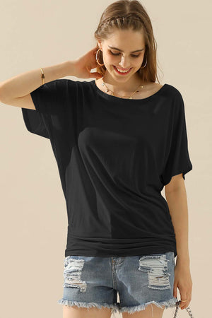 NINEXIS Boat Neck Short Sleeve Ruched Side Top at Bella Road