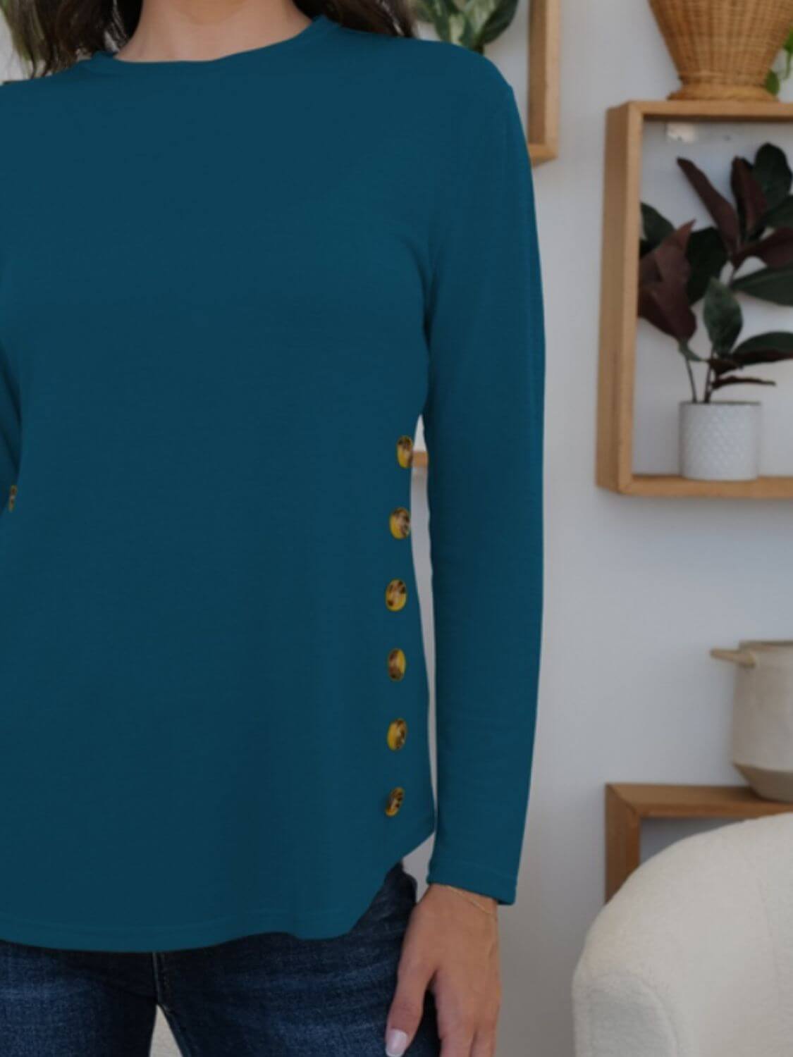 FAM-FAM Round Neck Long Sleeve T-Shirt in teal, featuring decorative side buttons, perfect for casual occasions.