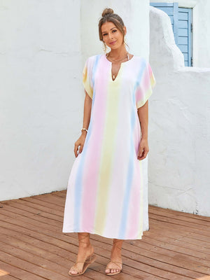 BELLA ROAD Slit Striped Notched Short Sleeve Cover Up at Bella Road