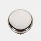 Nicole Lee USA Print Metallic Circular Large Pill Case in silver-tone metal, shown from top view.