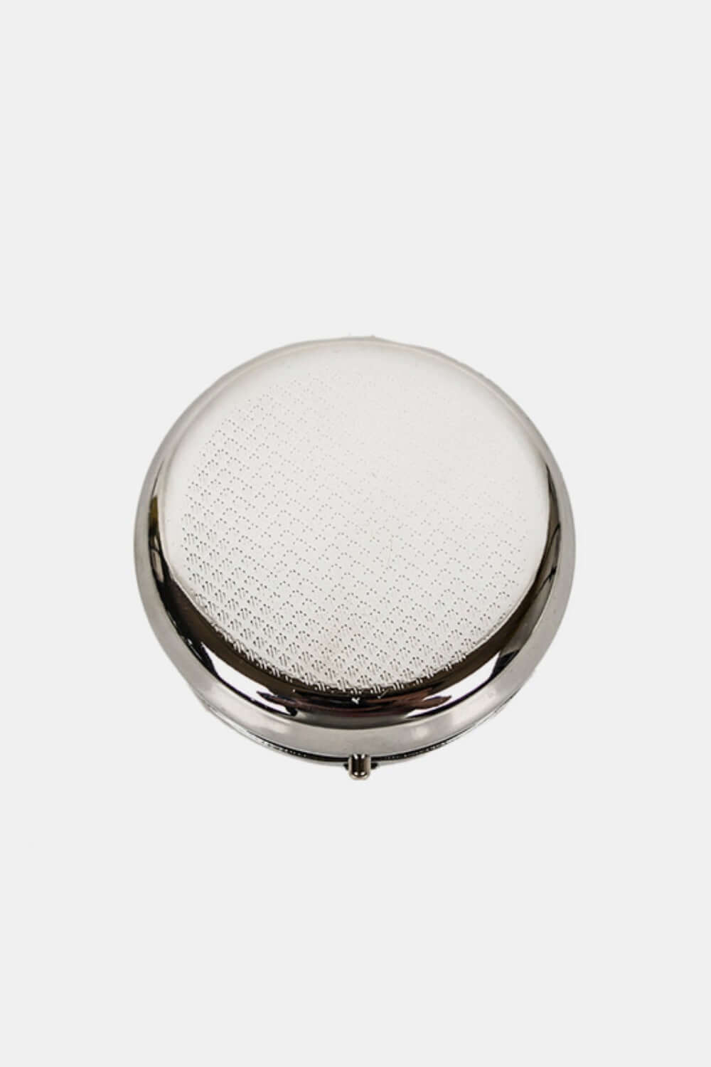 Nicole Lee USA Print Metallic Circular Large Pill Case in silver-tone metal, shown from top view.