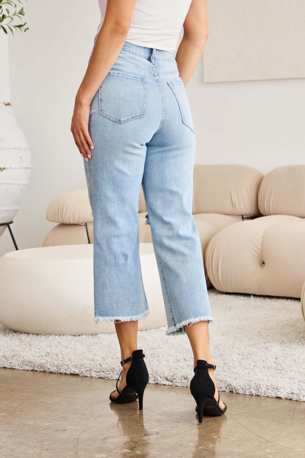 Tummy Control High Waist Raw Hem Distressed Jeans | Full Size