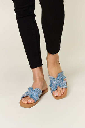 FOREVER LINK Raw Trim Denim H-Band Flat Sandals at Bella Road