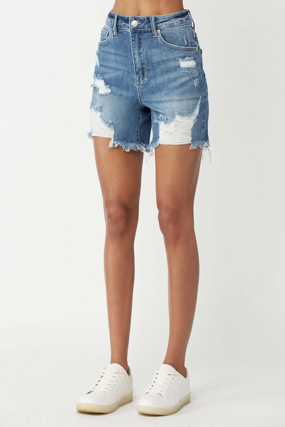 High Waisted Distressed Denim Shorts by Risen Jeans, perfect summer essential featuring edgy style with comfortable fit and versatile pairing options.