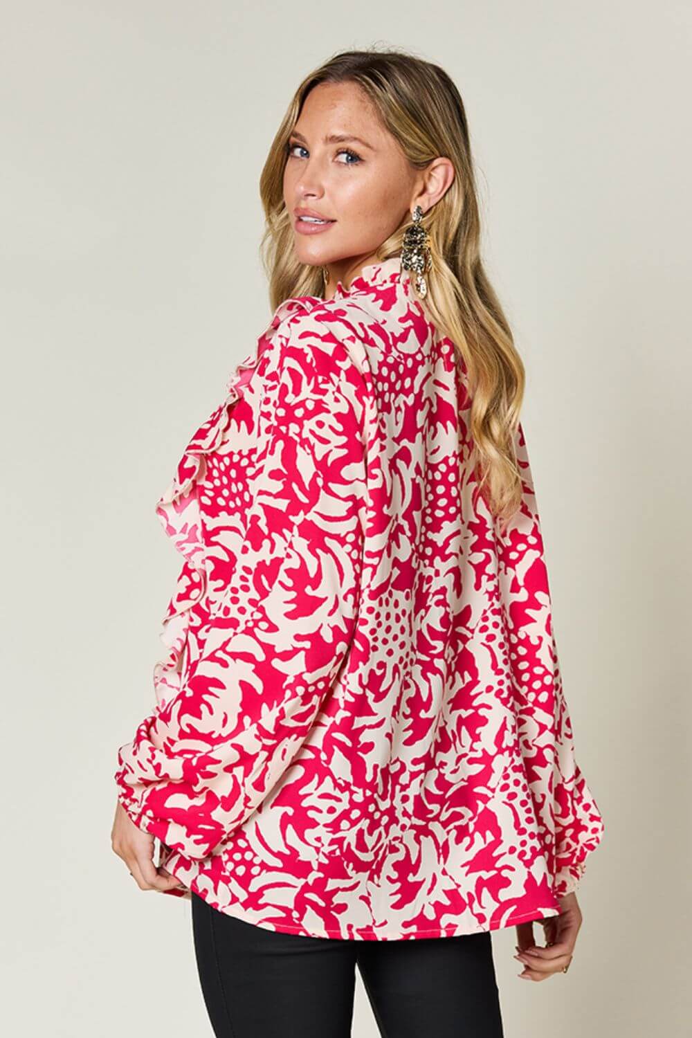 DOUBLE TAKE Full Size Printed Ruffle Trim Balloon Sleeve Shirt at Bella Road