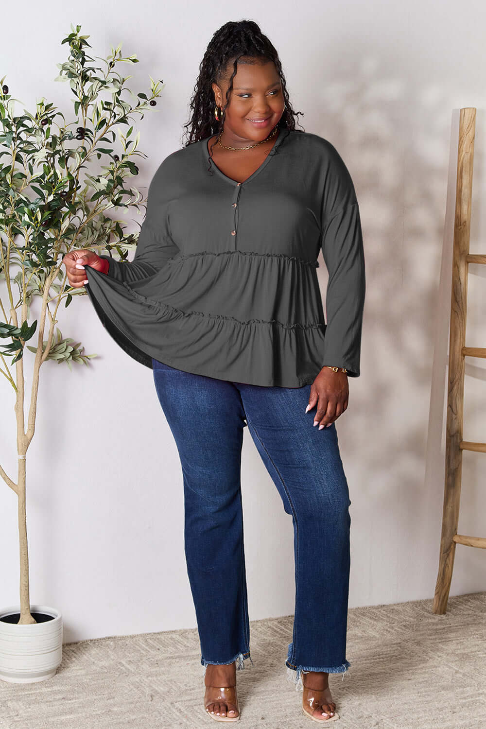 DOUBLE TAKE Half Button Long Sleeve Ruffle Hem Blouse at Bella Road