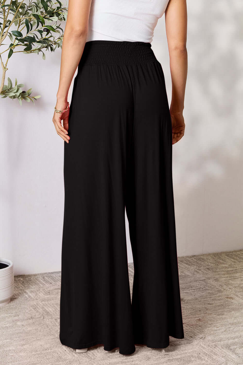 DOUBLE TAKE Full Size Smocked Wide Waistband Wide Leg Pants at Bella Road