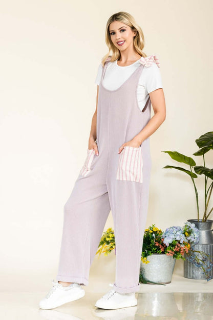 CELESTE Full Size Stripe Contrast Pocket Rib Jumpsuit at Bella Road