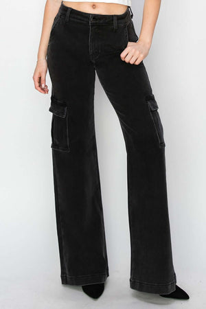 High-rise wide leg cargo jeans featuring utility pockets by Risen Jeans for a modern and trendy urban look.