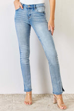 Mid Rise Y2K Slit Bootcut Jeans - Stylish, comfortable, slightly stretchy jeans with side slit detail and regular hem offering chic sophistication.