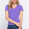 V-Neck Ribbed Short Sleeve Knit T-Shirt - PURPLE