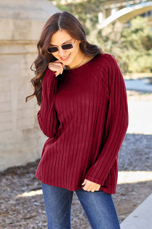 Basic Bae Ribbed Round Neck Long Sleeve Knit Top