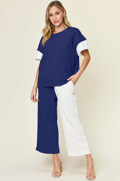 DOUBLE TAKE Full Size Texture Contrast T-Shirt and Wide Leg Pants Set at Bella Road