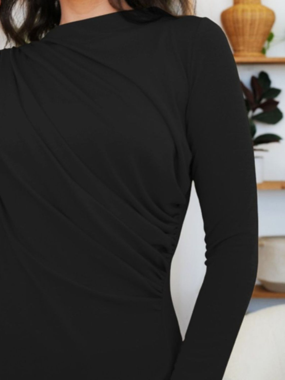 Black ruched mock neck long sleeve t-shirt, perfect for cozy fall layering.