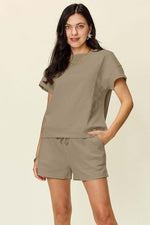 DOUBLE TAKE Full Size Texture Short Sleeve T-Shirt and Drawstring Shorts Set at Bella Road