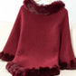 Cozy Bella Road Fuzzy Trim Poncho in deep burgundy, featuring stylish three-quarter sleeves and warm fuzzy trim.