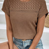 Waffle-Knit Round Neck Short Sleeve Top - Coffee Brown