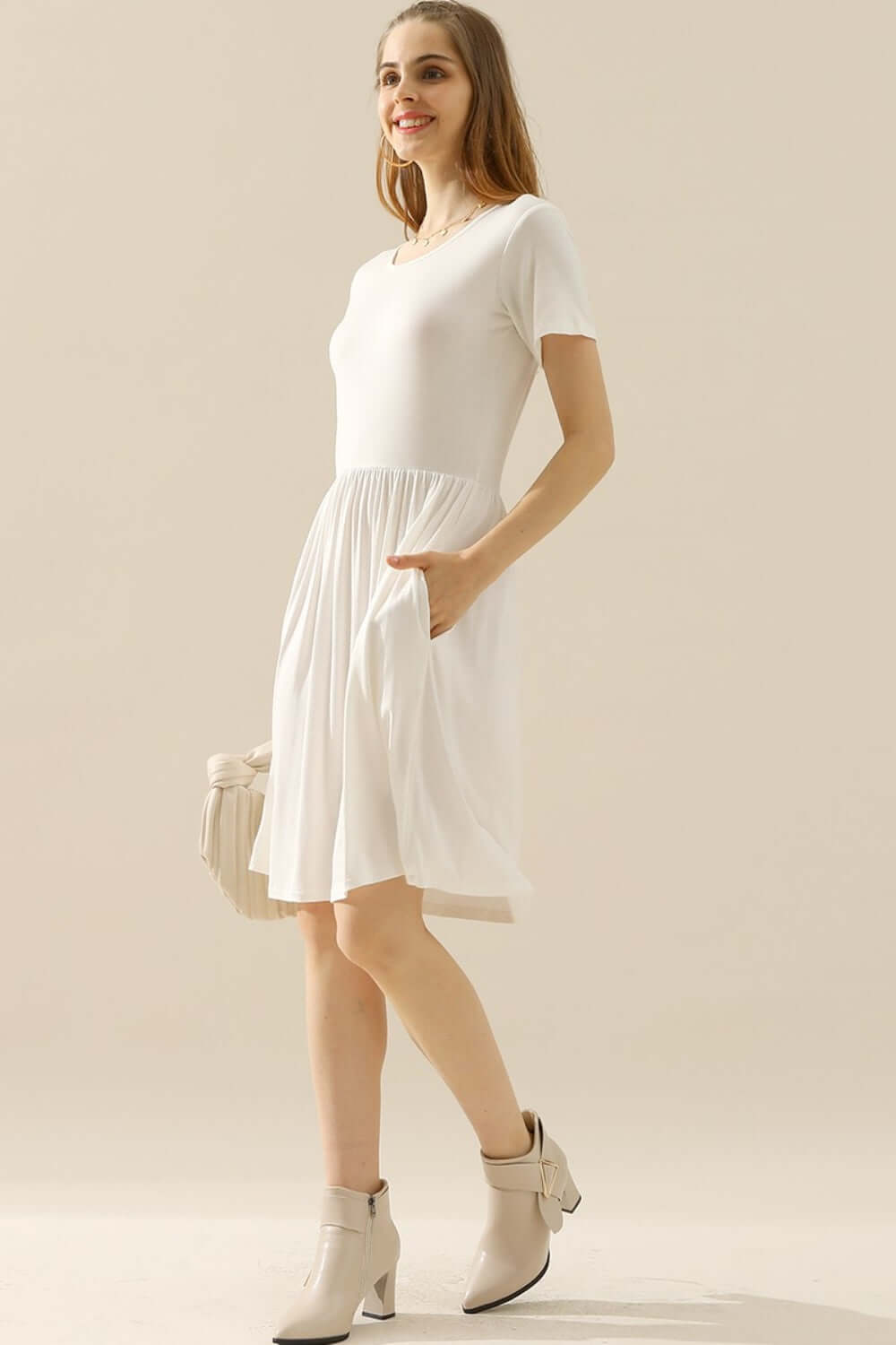 NINEXIS Full Size Round Neck Ruched Dress with Pockets at Bella Road