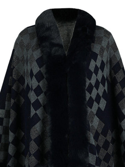 Cozy Bella Road Fuzzy Checkered Long Sleeve Poncho in dark tones, perfect for stylish fall layering.