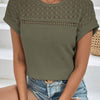 Waffle-Knit Round Neck Short Sleeve Top - Army Green