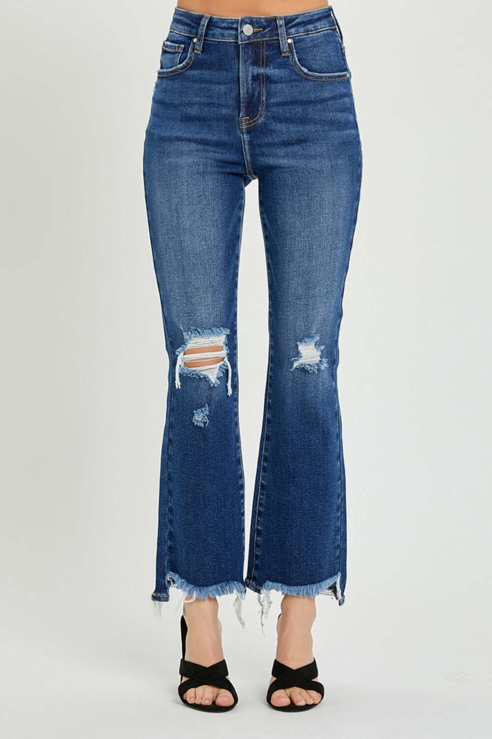 High Rise Distressed Crop Flare Jeans by Risen Jeans showcasing trendy detailing and modern flair.