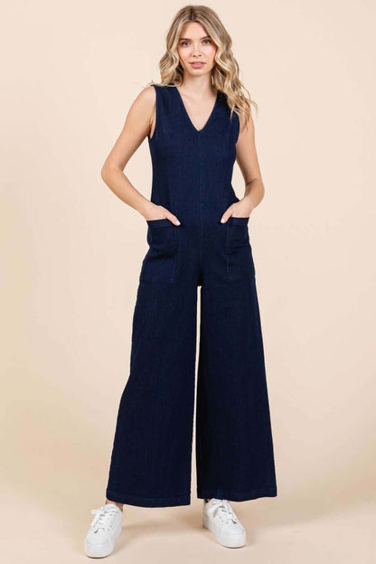 MITTOSHOP Sleeveless Wide Leg Denim Jumpsuit at Bella Road