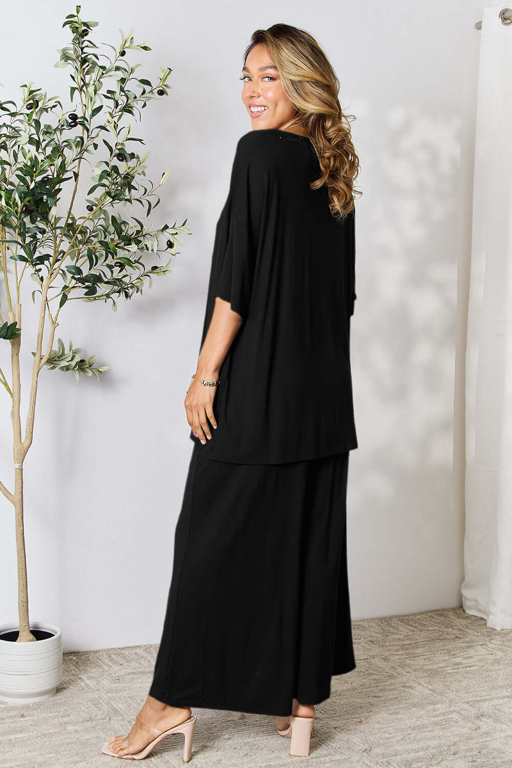 DOUBLE TAKE Full Size Round Neck Slit Top and Pants Set at Bella Road