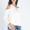 Cold Shoulder Long Sleeve Knit Top - White