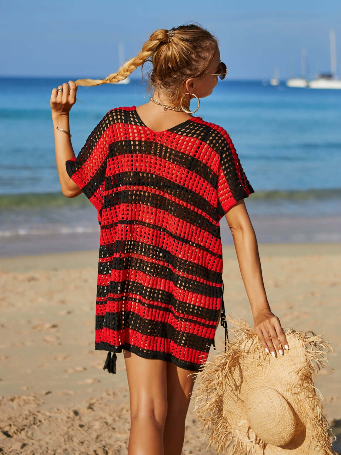 BELLA ROAD Tassel Openwork Striped V-Neck Cover Up at Bella Road