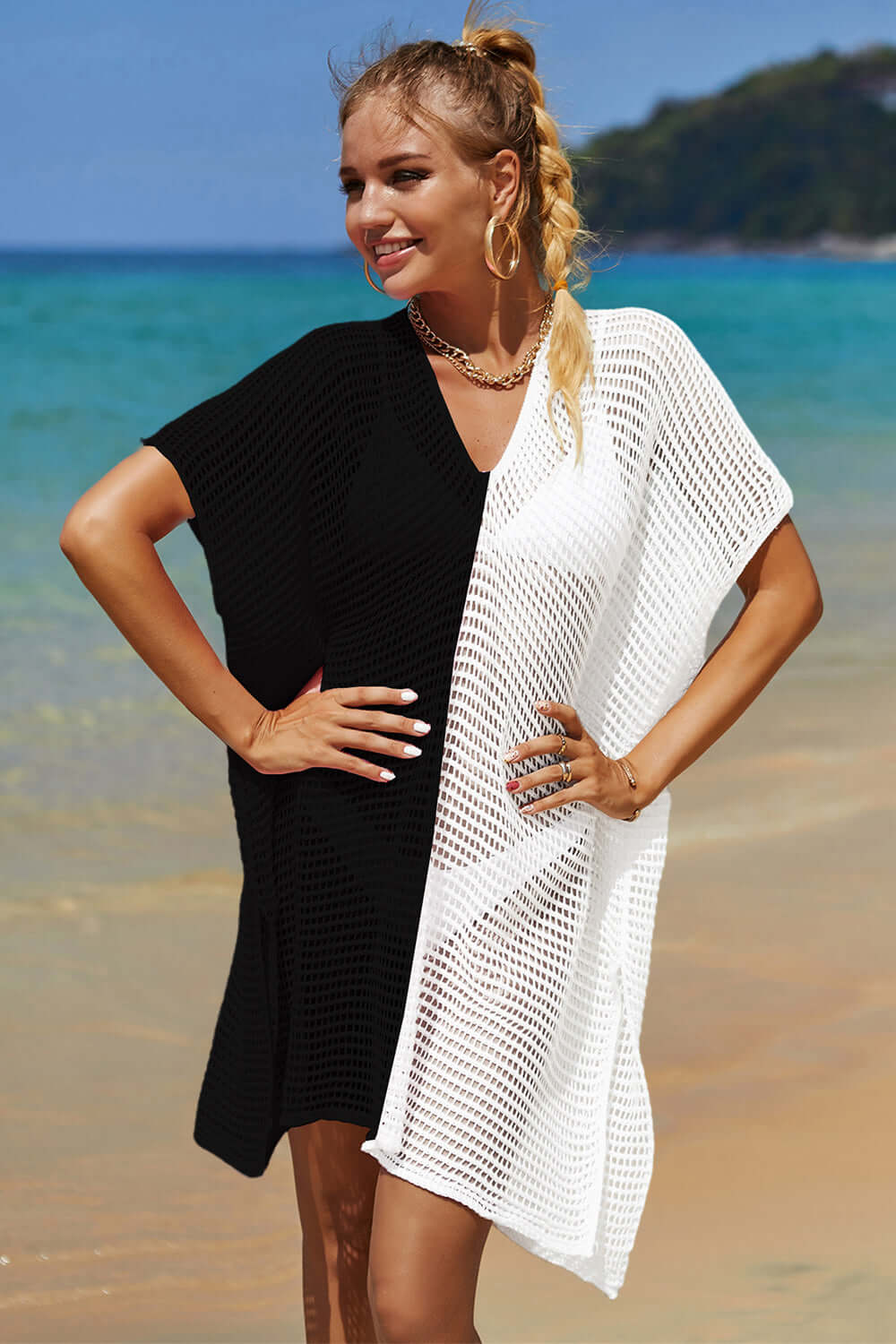 DOUBLE TAKE Openwork Contrast Slit Knit Cover Up at Bella Road